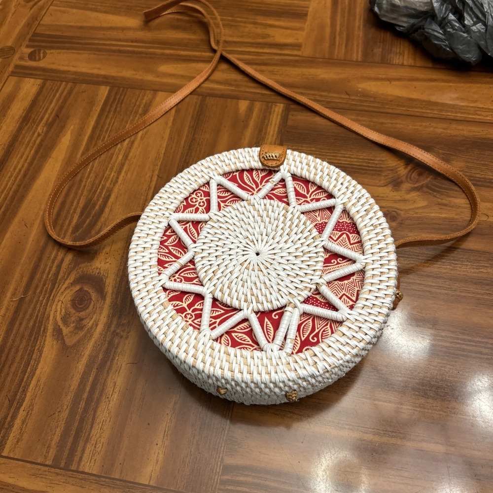 Round Drum Wicker‎ rattan Leather Crossbody Handbag White Red